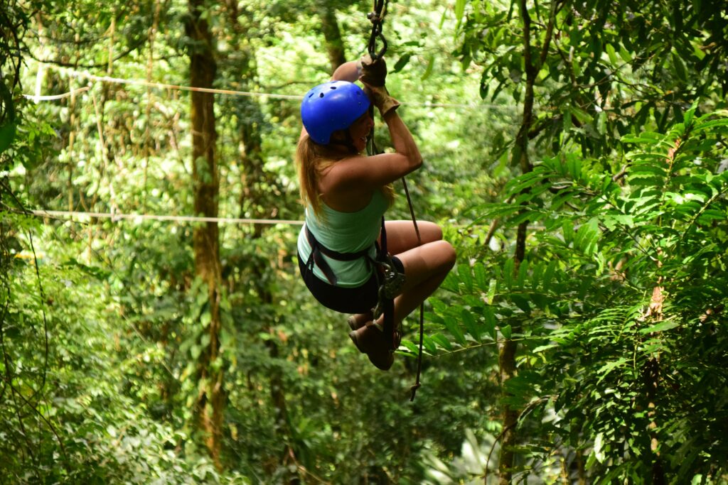 Woman ziplining