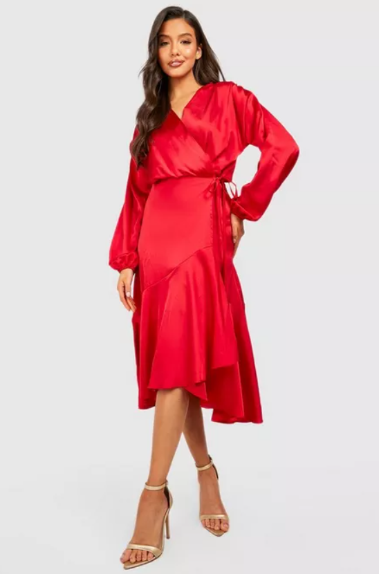 Satin Wrap Ruffle Long Sleeve Midi Dress