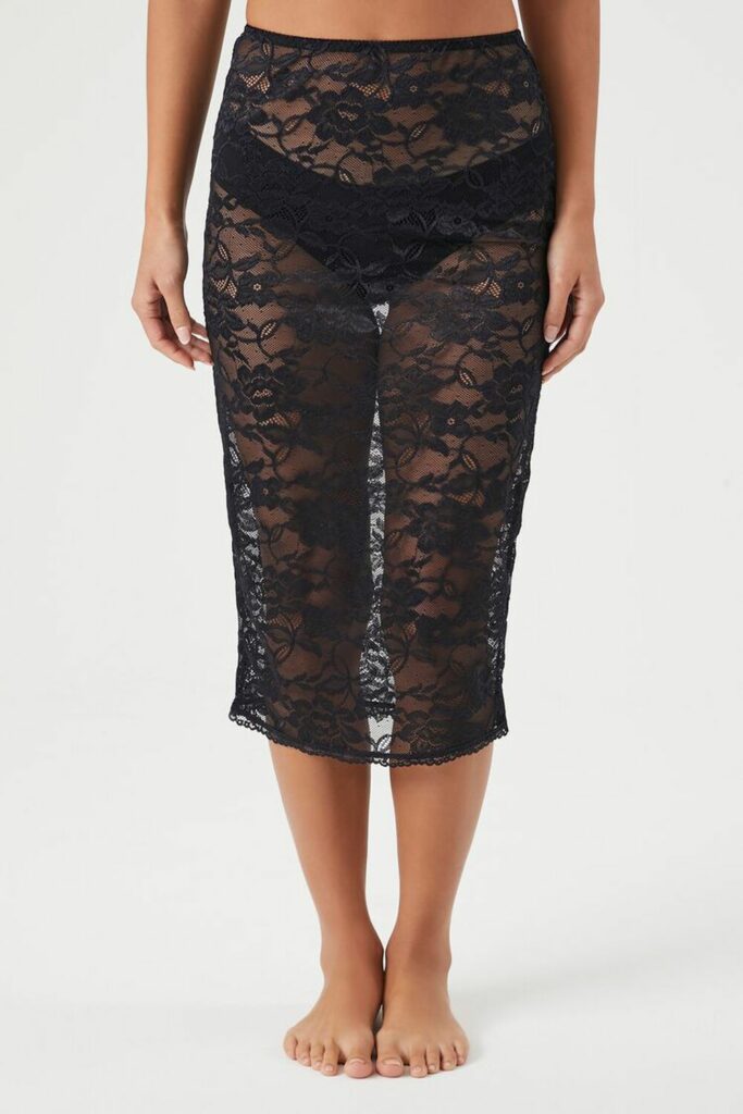 Sheer Floral Lace Midi Skirt