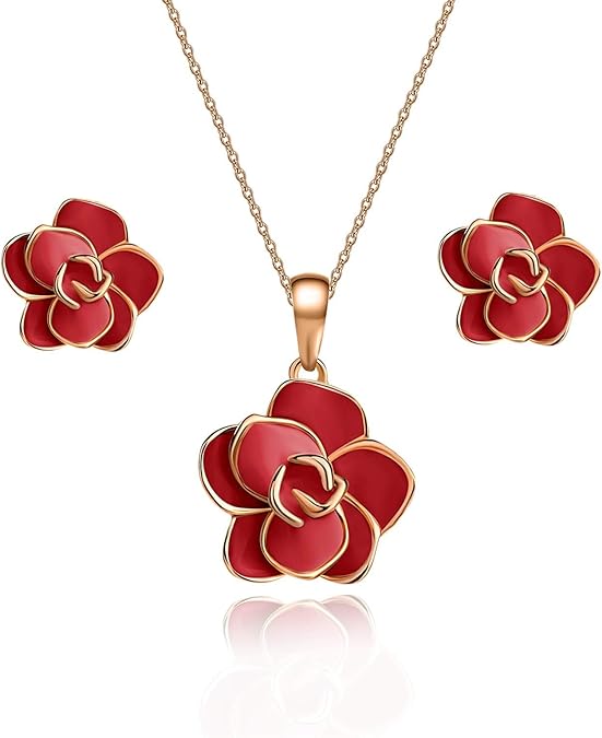 Rose Flower Necklace Earrings Set
