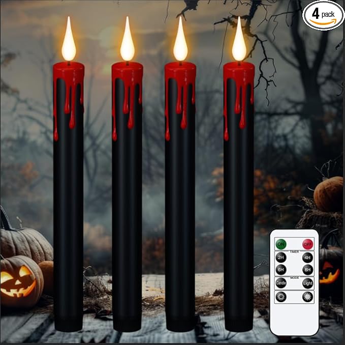 Halloween Black Flameless Taper Candles with Remote Timer