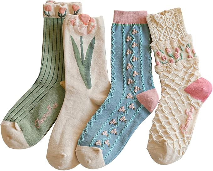MarJunSep Cute Floral Crew Socks