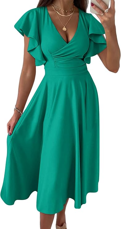PRETTYGARDEN Ruffle Sleeve V Neck Dress