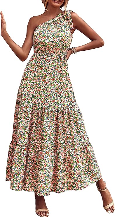 PRETTYGARDEN Women's Floral One Shoulder Maxi Dress
