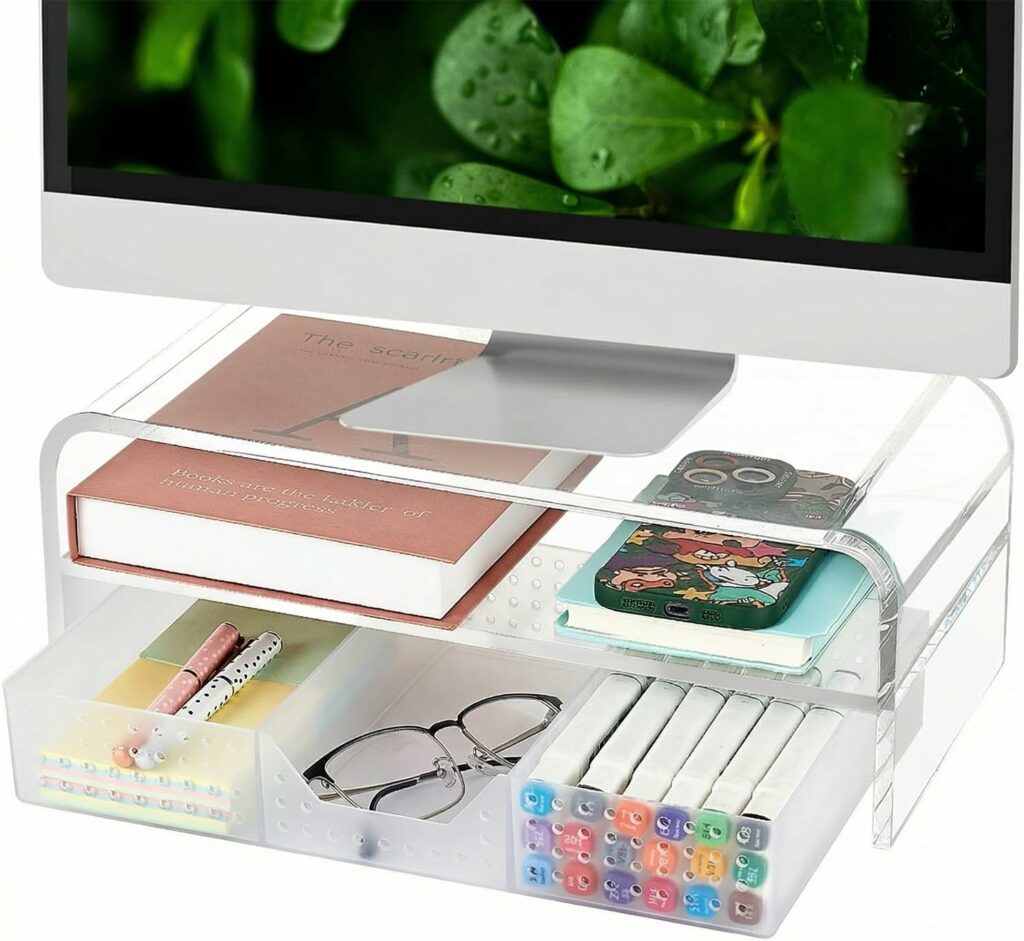2-Tier Computer Monitor Stand Riser with Drawer