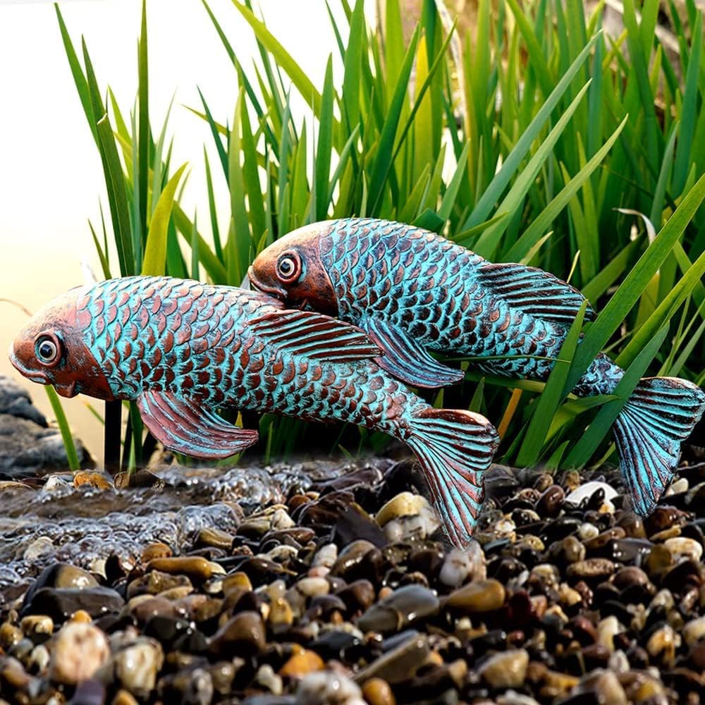 Set of 2 Antique Koi Fish Statues