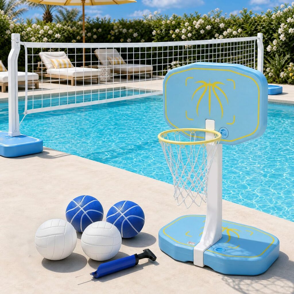 2-in-1 Pool Volleyball Net & Pool Basketball Hoop