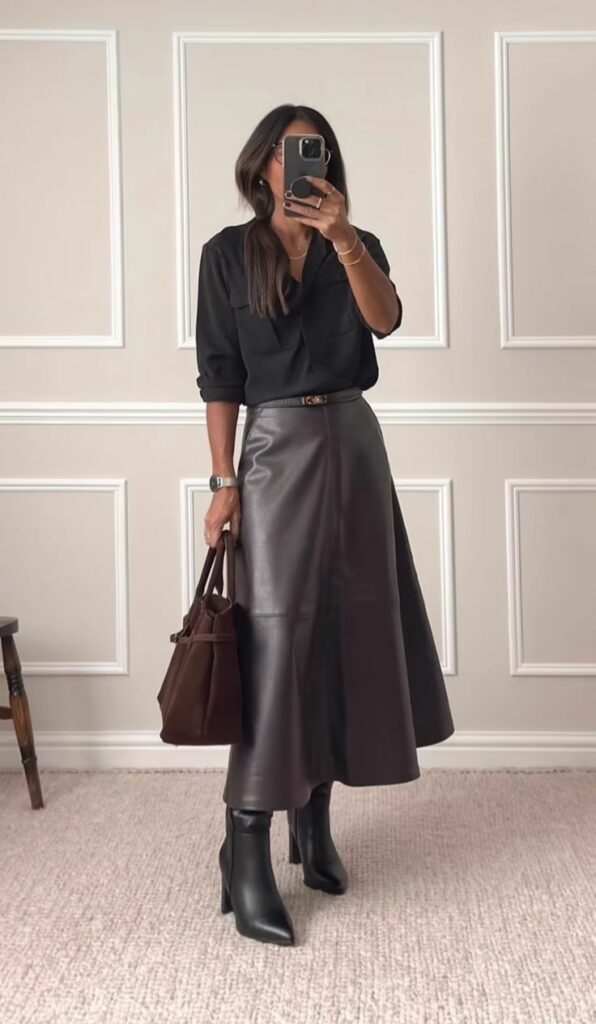 Leather Skirt and Blouse