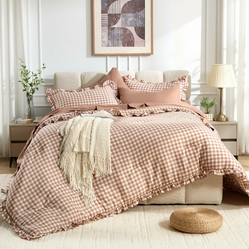 5 Pieces Gingham Ruffle Comforter Set