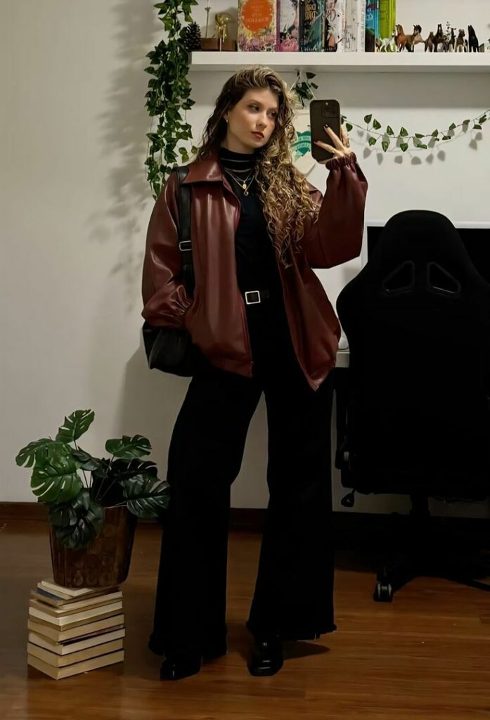 Leather Jacket + Wide-Legged Trousers