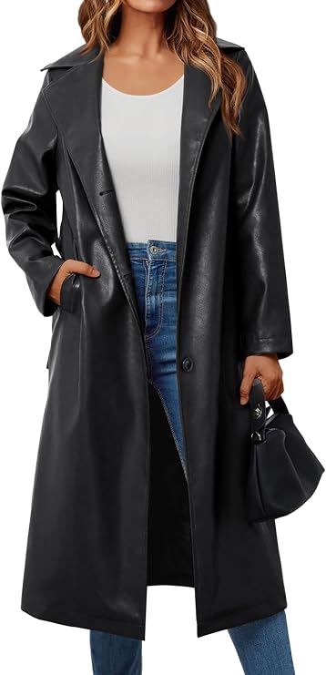 Long Faux Leather Jacket with Belt
