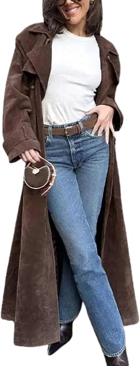 Faux Suede Long Trench Coat