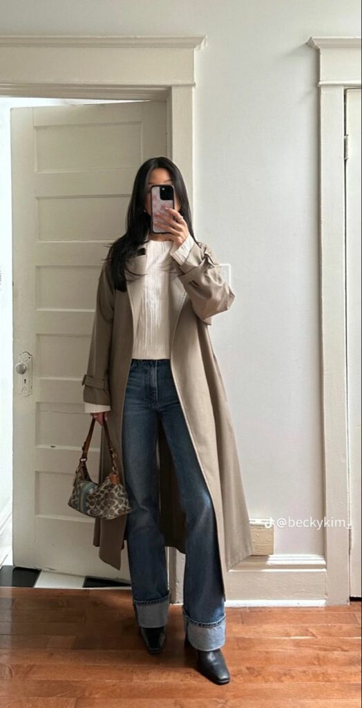 Trench Coat + Jeans + Sweater